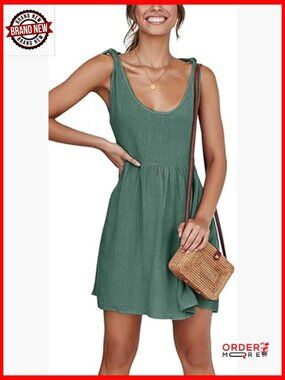 Tie Strap Babydoll Dress Scoop Neck A-Line Skater Swing Mini Sundress